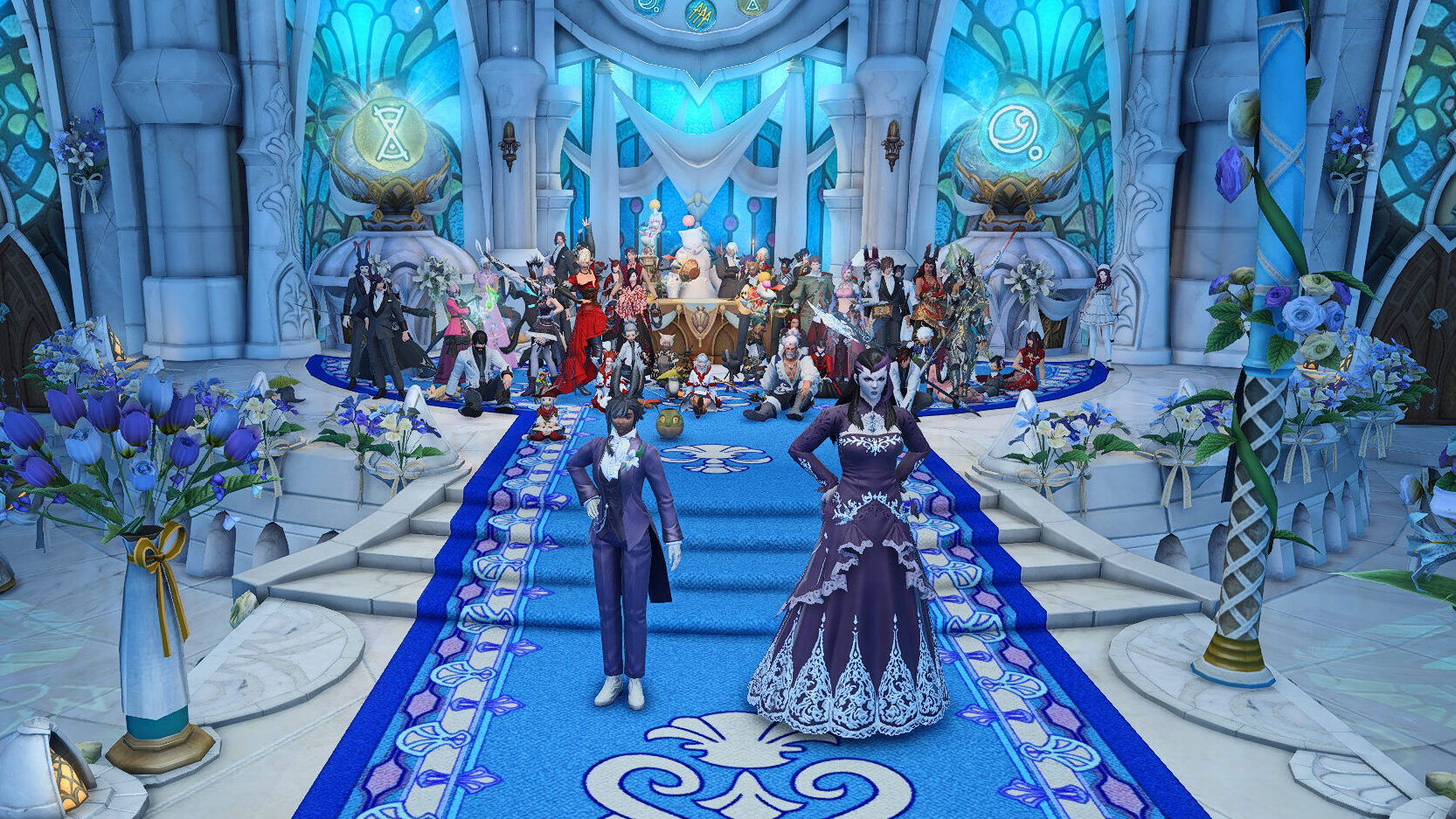 A group picture at a wedding ceremony in FFXIV.